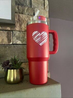 Red Heart Handle Travel Tumbler with Straw - Home Dining
